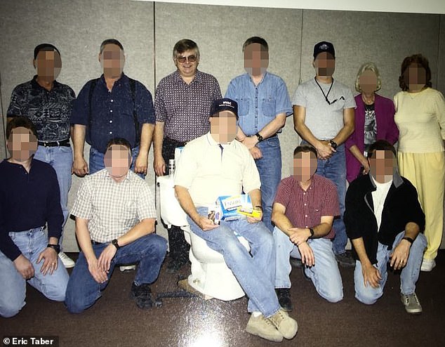 Taber shared with DailyMail.com a photo of his great uncle Sam Urquhart with his colleagues in an Area 51 break trailer, taken around 2000