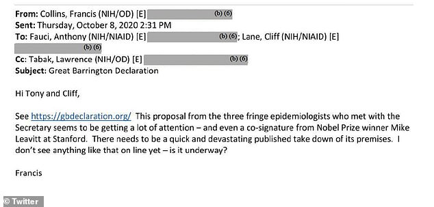 Dr Fauci has been accused on squashing dissenting opinions that argued against blanket Covid lockdowns. Correspondences between him and former NIH health Dr Francis Collins showed they wanted to undermine what they called 'fringe' opinions