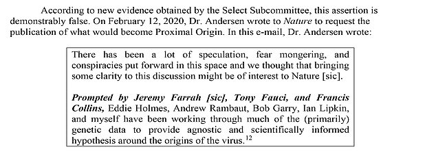 In an email to the publisher of Nature Medicine, the journal which published the Proximal Origins paper, co-author Dr Kristian Andersen writes that Drs Collins and Fauci 'prompted' the paper