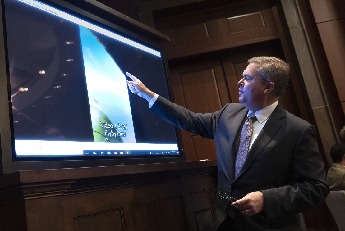 WASHINGTON, DC - MAY 17: U.S. Deputy Director of Naval Intelligence Scott Bray explains a video of an unidentified aerial phenomena, as he testifies before a House Intelligence Committee subcommittee hearing at the U.S. Capitol on May 17, 2022 in Washington, DC. The committee met to investigate Unidentified Aerial Phenomena, commonly referred to as Unidentified Flying Objects (UFOs). (Photo by Kevin Dietsch/Getty Images)