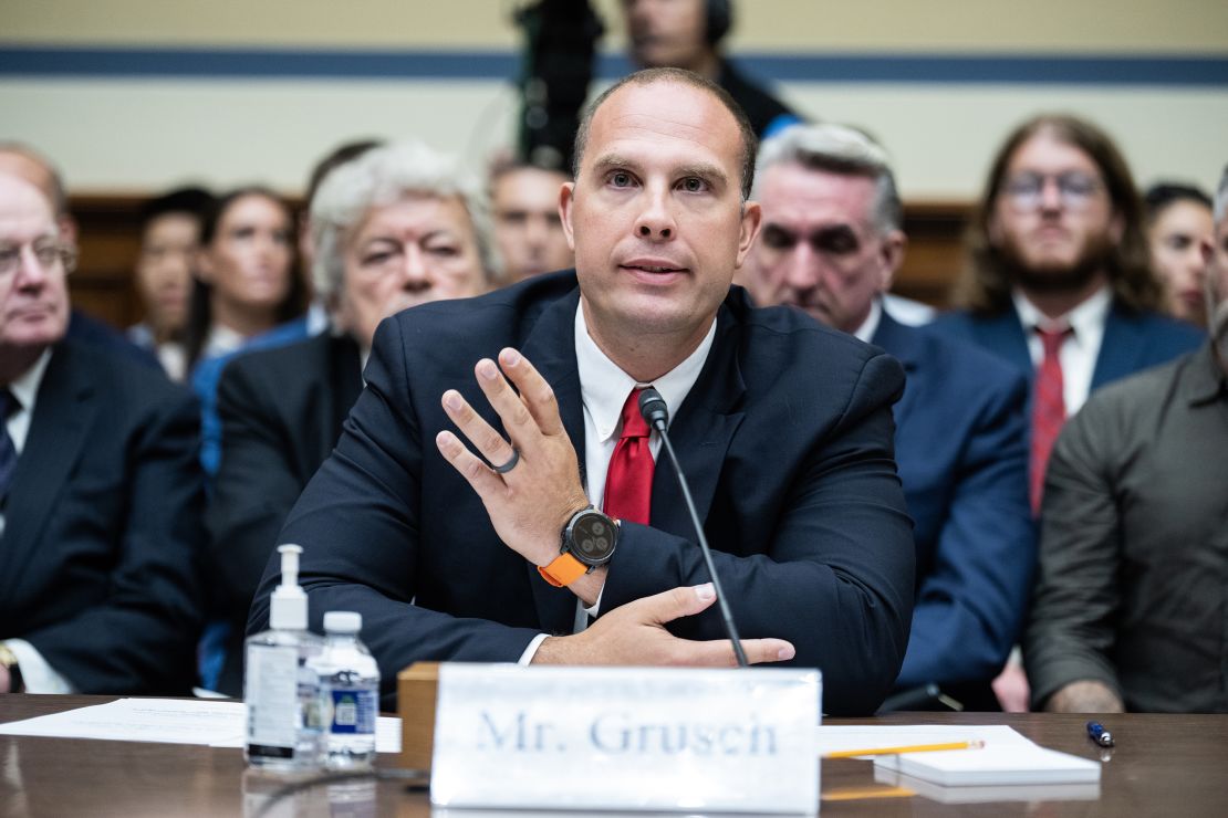 UNITED STATES - JULY 26: David Grusch, former National Reconnaissance Office representative on the Defense Department's Unidentified Aerial Phenomena Task Force, testifies during the House Oversight and Accountability Subcommittee on National Security, the Border, and Foreign Affairs hearing titled "Unidentified Anomalous Phenomena: Implications on National Security, Public Safety, and Government Transparency," in Rayburn Building on Wednesday, July 26, 2023. (Tom Williams/CQ-Roll Call, Inc via Getty Images)