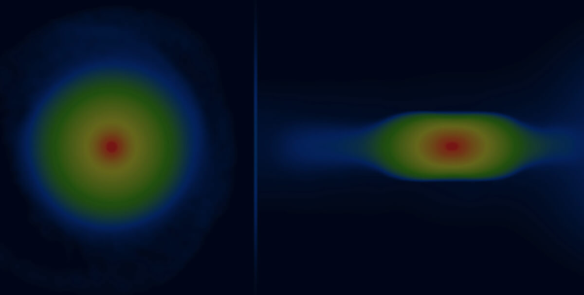 Simulated young planet as viewed from the top (left) and from the side (right)