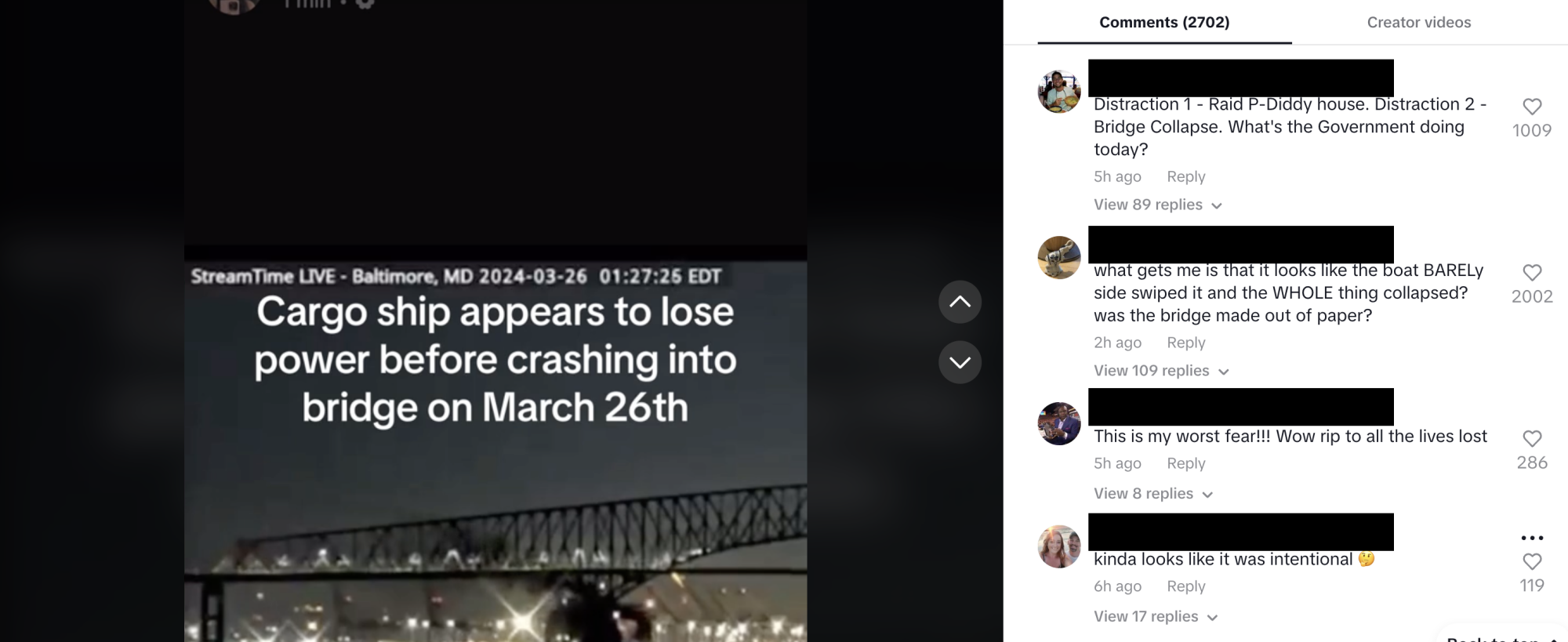 screenshot of tiktok comments about bridge collapsing