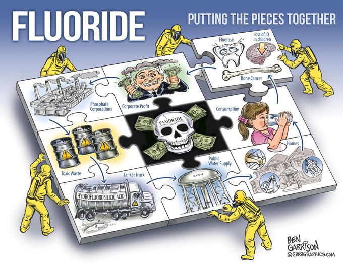 FLUORIDE PUTTING THE PIECES TOGETHER Loss of I0 Fluorosisin children Bone Cancer Phosphate Lorporations oprate Profit Consumption IDE UOR Homes Public Water Supply Toxic Waste Tanker Truck HYDROFLUOROSILICIC ACID GARRISON ⓒGRRRGRAPHICS.COM