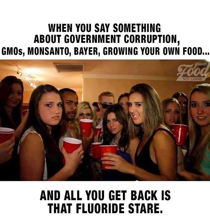 WHEN YOU SAY SOMETHING ABOUT GOVERNMENT CORRUPTION, GMOS, MONSANTO, BAYER, GROWING YOUR OWN FOOD... grow Food NOT LAWNS AND ALL YOU GET BACK IS THAT FLUORIDE STARE.