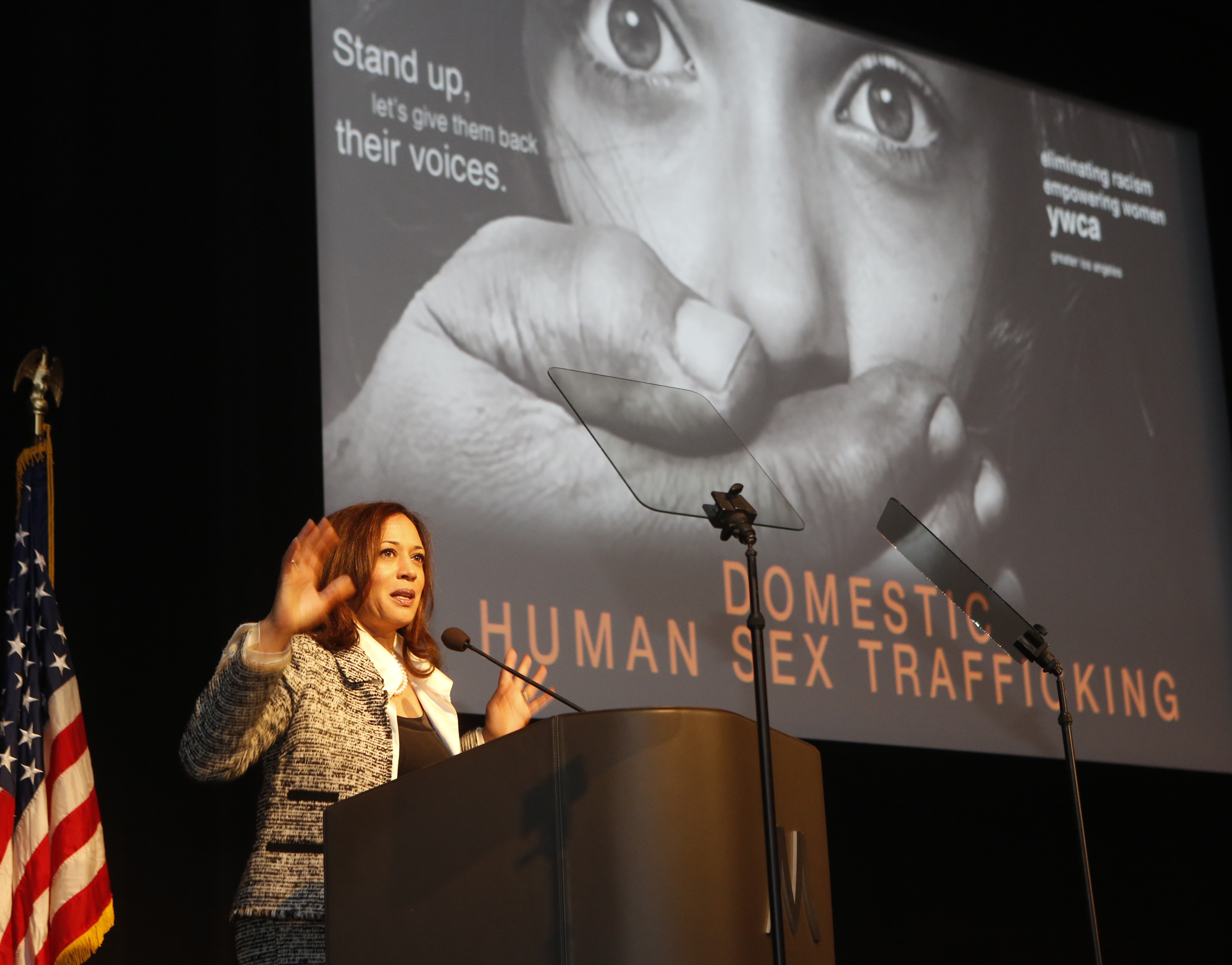 FILE - In this April 25, 2014 file picture California Attorney General Kamala Harris, who as a prosecutor once specialized in child sexual assault cases addresses the Domestic Human Trafficking symposium in Los Angeles, Trafficking, forced labor and modern slavery are big business generating profits estimated at $150 billion a year, the U.N. labor agency said Tuesday May 20, 2014. The report by the International Labor Organization finds global profits from involuntary workers _ an estimated 21 million of them _ have more than tripled over the past decade from its estimate of at least $44 billion in 2005. ILO Director Guy Ryder said his agency?s report Tuesday calls attention to the need ?to eradicate this fundamentally evil, but hugely profitable practice as soon as possible.?  (AP Photo/Damian Dovarganes,File)