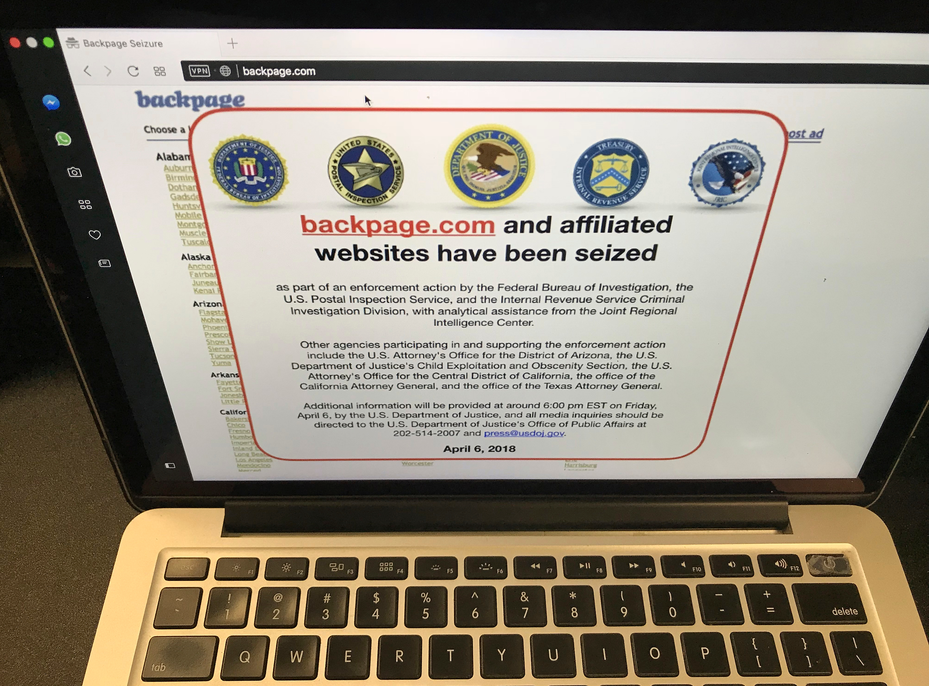 FILE - This April 6, 2018, file photo shows a screen shot of Backpage.com on the day that federal authorities seized the classified site as part of a criminal case. Dan Hyer, sales and marketing director for Backpage.com, pleaded guilty Friday, Aug. 17, 2018, in Arizona to conspiring to facilitate prostitution in a scheme to give free ads to prostitutes in a bid to draw them away from competitors. Six others affiliated with Backpage.com face charges in the case. (AP Photo/Damian Dovarganes, File)