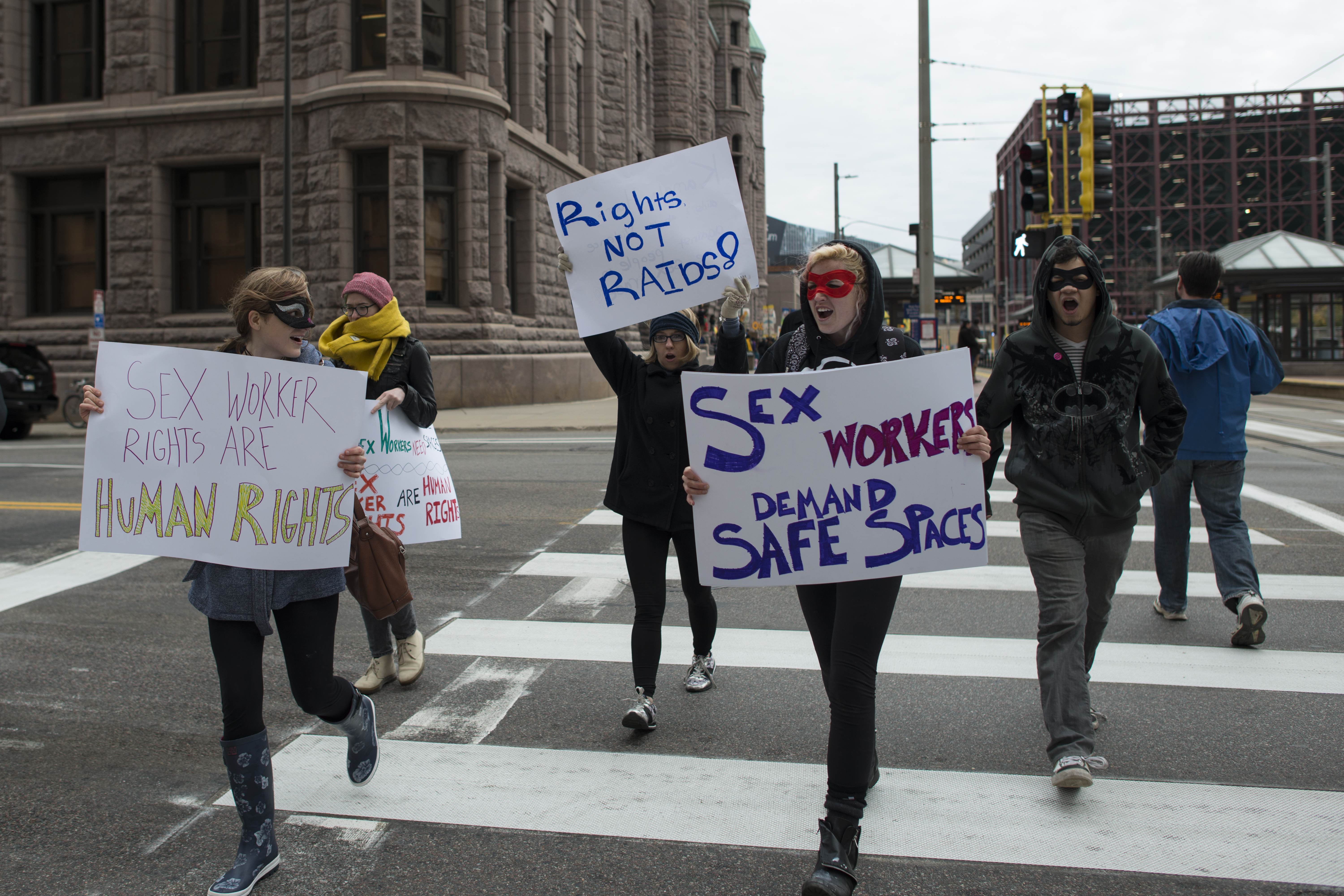 Sex Workers and their supporters protest a police raid on Oct. 25, 2016, in Minneapolis, Minnesota, saying shutting down sites like Backpage.com exposes them to more risk.