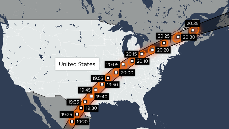 Map showing when the eclipse will happen across the United States