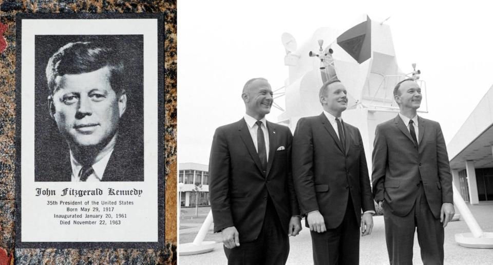 JFK pictured on a plaque on left, astronaut crew who landed on the moon on right