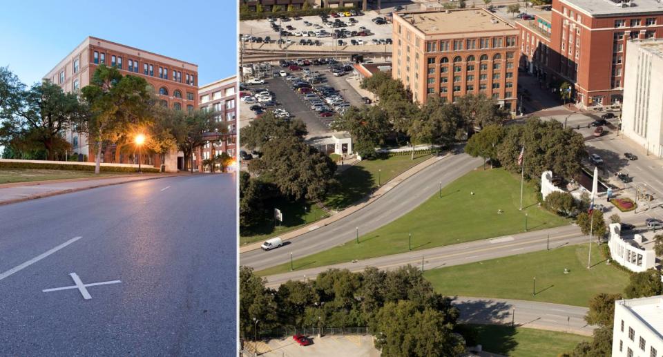 X marked on the road where JFK died, aerial shot of the book depository, road and grassy knoll