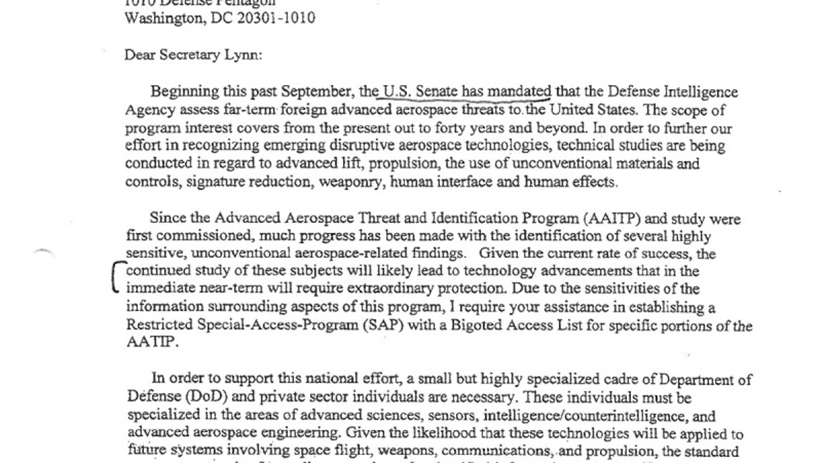 Snippet from a 2009 letter from former US Sen. Harry Reid about the need to keep the government's crashed alien tech retrieval program and reverse engineering efforts a secret. 