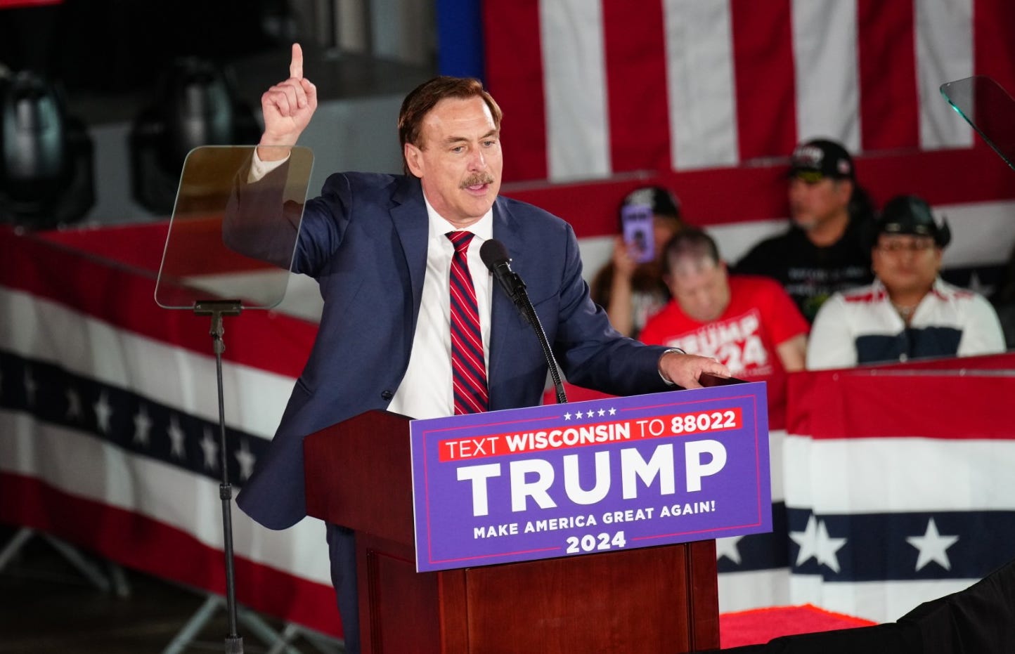 MyPillow founder Mike Lindell addresses Donald Trump supporters during a May 1 campaign rally in Waukesha, Wis. Lindell is among several groups and people who’ve faced legal consequences for spreading election fraud falsehoods.