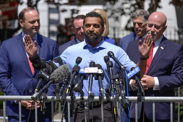 FILE - Kash Patel speaks to reporters in a park across the street from former President Donald Trump's criminal trial in New York, Monday, May 20, 2024. (AP Photo/Seth Wenig, File)