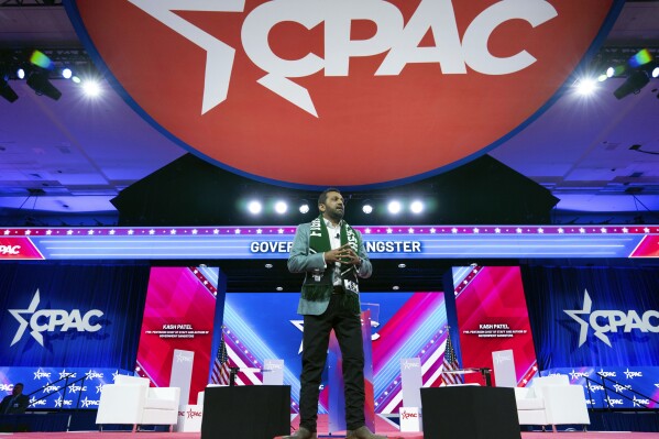 FILE - Former Pentagon Chief of Staff Kash Patel speaks during the Conservative Political Action Conference, CPAC 2024, at the National Harbor, in Oxon Hill, Md., Friday, Feb. 23, 2024. (AP Photo/Jose Luis Magana, File)