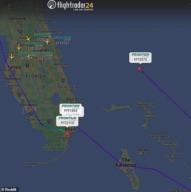 Flight tracking data (pictured) revealed that flight FFT3572 took off from San Juan, Puerto Rico and was over the ocean at the same altitude the pilot reported