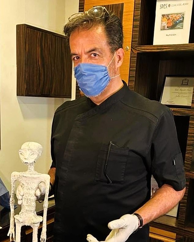 While a legal battle to move some of the mummies drags on, testing has continued in Mexico, where one of Maussan's collaborators, Dr Martín Achirica Ramos (pictured) of the alternative health clinic SPES in Mexico City, has worked on the team's 'alien' mummies outside Peru