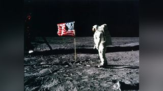 Buzz Aldrin salutes the U.S. flag on the surface of the moon.