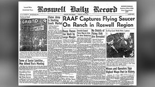 A scan of the Roswell Daily Record newspaper with the headline "RAAF Captures Flying Saucer on Ranch in Roswell Region"