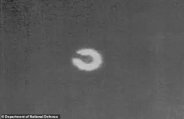 The declassified image of the UFO that was shot down in Yukon territory by US fighter jets on February 11, 2023. Canadian authorities suspect it was a balloon similar to the Chinese spy craft shot down in US airspace days earlier