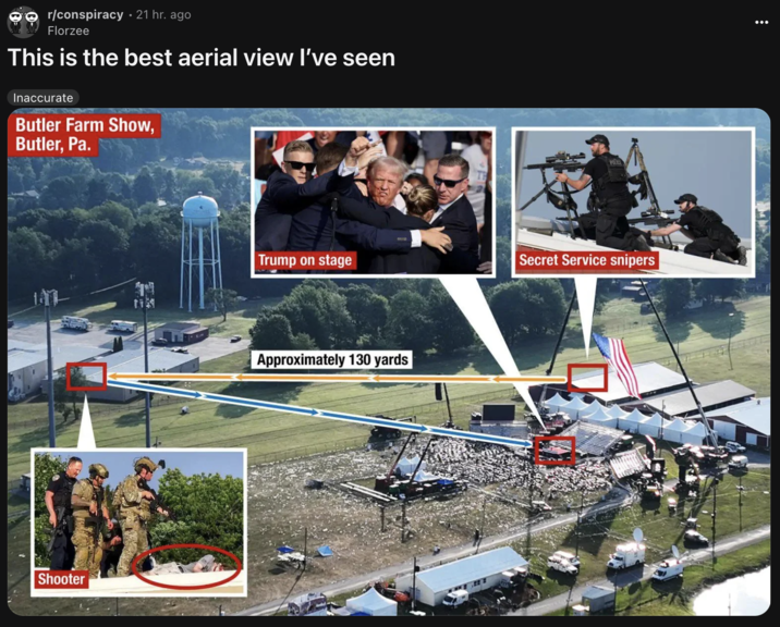 Shooter r/conspiracy • 21 hr. ago Florzee This is the best aerial view I've seen Inaccurate Butler Farm Show, Butler, Pa. Trump on stage Secret Service snipers 1 Approximately 130 yards :