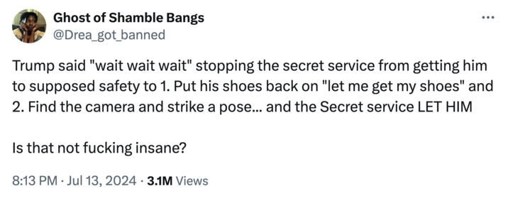 Ghost of Shamble Bangs @Drea_got_banned Trump said "wait wait wait" stopping the secret service from getting him to supposed safety to 1. Put his shoes back on "let me get my shoes" and 2. Find the camera and strike a pose... and the Secret service LET HIM Is that not f------ insane? 8:13 PM ⚫ Jul 13, 2024 3.1M Views •