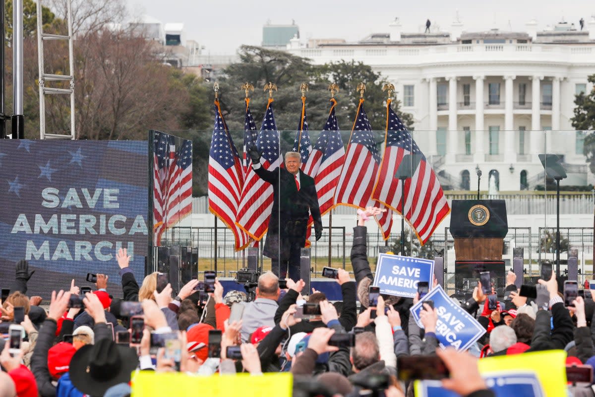 Then-President Trump waves to supporters during a rally to contest the certification of the 2020 U.S. presidential election results by Congress, in Washington, DC, January 6, 2021. (REUTERS)