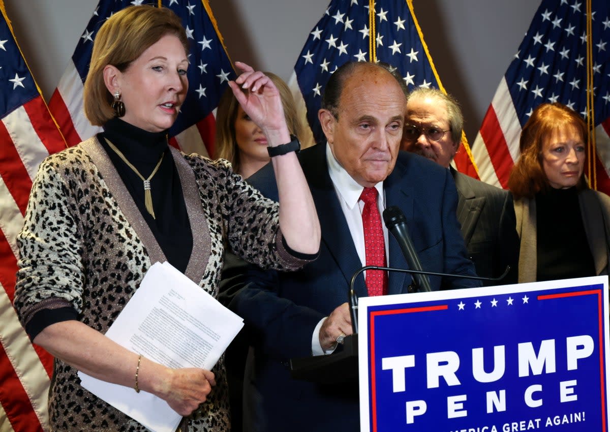 A new HBO documentary looks at how Donald Trump surrounded himself with “yes men” who fed into the idea that the 2020 presidential election was stolen.  Pictured: Sidney Powell, Rudy Guliani and others speak at a press conference about the election results.   (REUTERS)