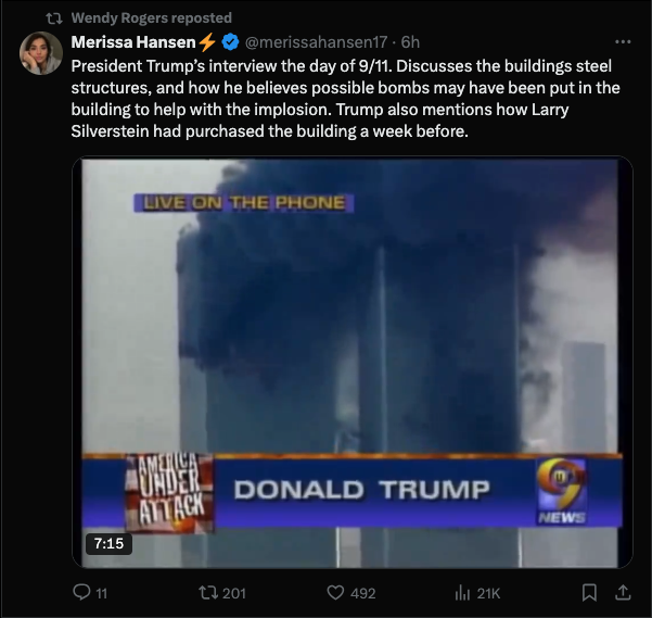  This screenshot shows Sen. Wendy Rogers (R-Flagstaff) reposting a 9/11 conspiracy theory on X.com on the 23rd anniversary of the terrorist attack.