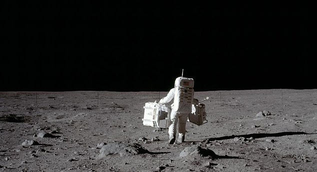 The reason that no stars appear in the photos from the moon landing is because the lunar surface is brightly lit by the sun, which obscures the stars from view