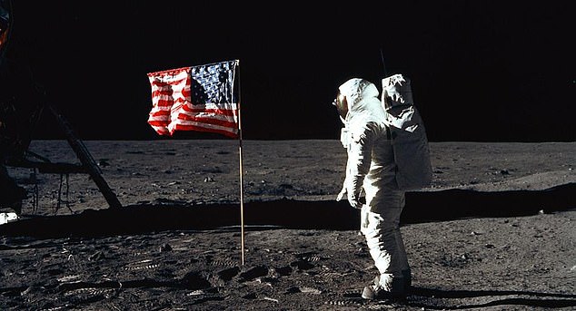 The American flag appears to be waving in this photo because a telescopic pole has been inserted along the flag's top edge.