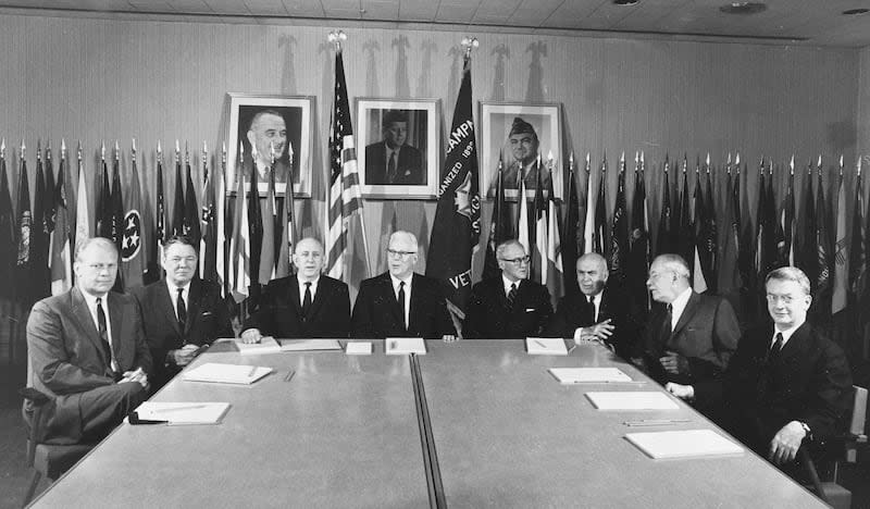 FILE - In this Aug. 14, 1964, file photo, the bipartisan presidential commission to investigate the assassination of President John F. Kennedy sits for an official picture, at the Veterans of Foreign Wars office on Capitol Hill, in Washington. From left, 