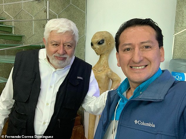 The prolific UFO researcher and broadcaster Jaime Maussan (left) was Correa's boss for decades at the paranormal-focused TV news magazine 'Tercer Milenio.' Above, Correa (right) and Maussan pose beside a statue of a 'grey alien' in Tercer Milenio's studio in Mexico City