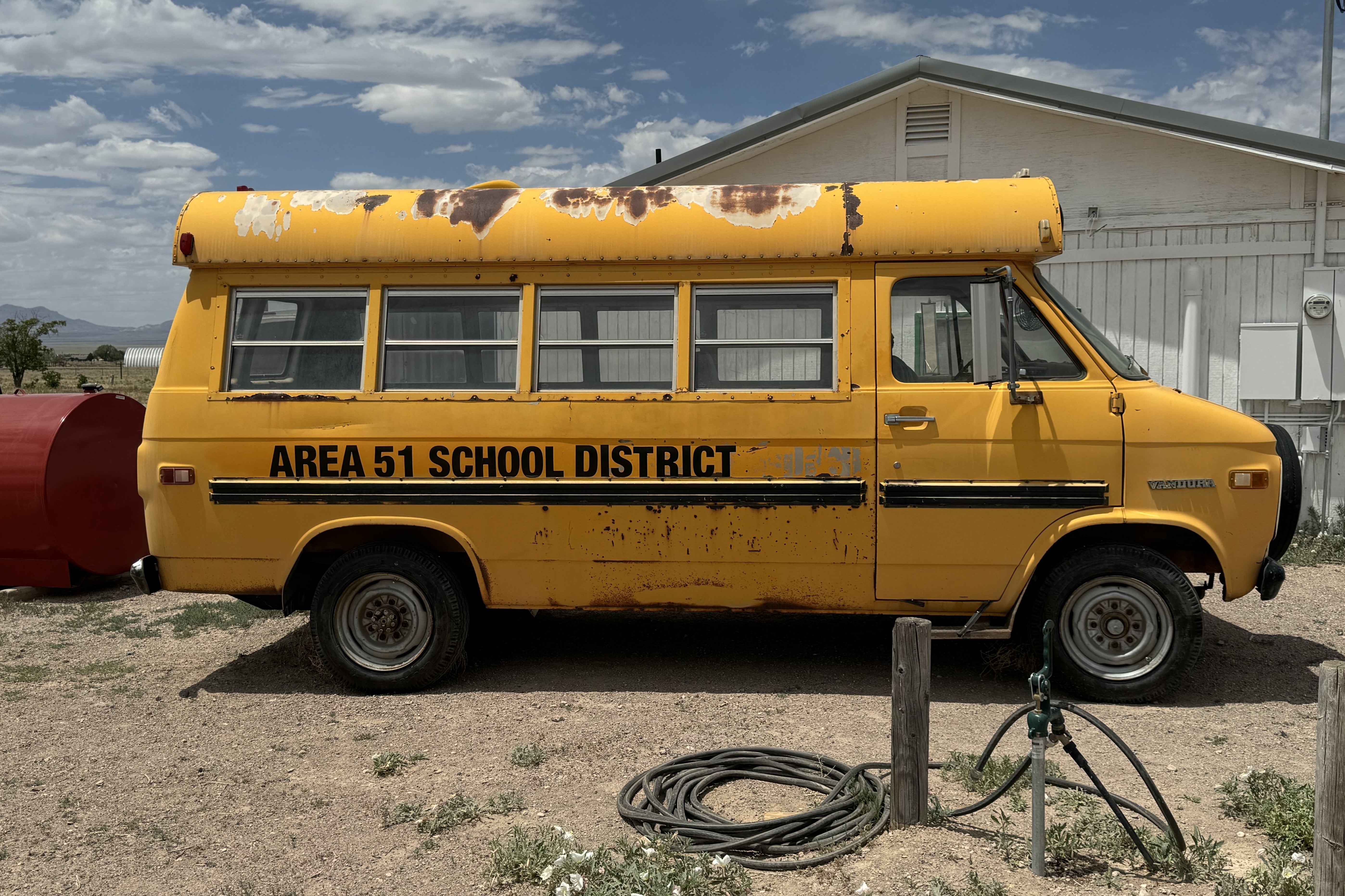 The Area 51 school district bus is one of many photo ops along the road