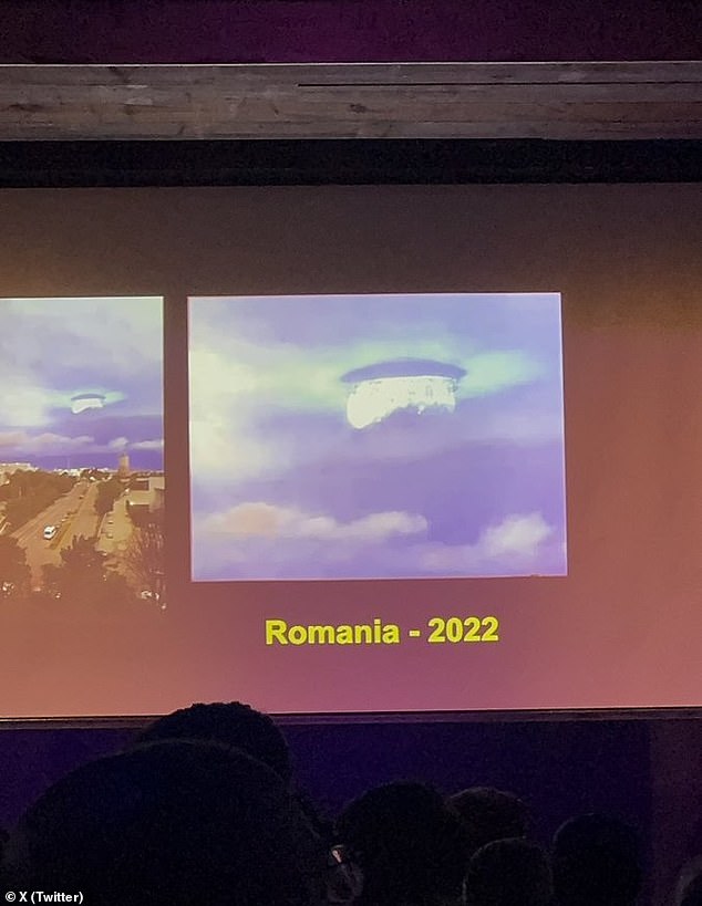 'Guess what we caught in Romania in 2022? By the way, the US Embassy,' as Elizondo told attendees at the paid event, gesturing to the photo (above): 'That'