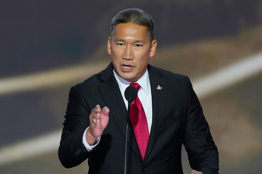 Hung Cao, Republican candidate for the US Senate in Virginia, speaking during the second day of the Republican National Convention on Tuesday, July 16, 2024, in Milwaukee.