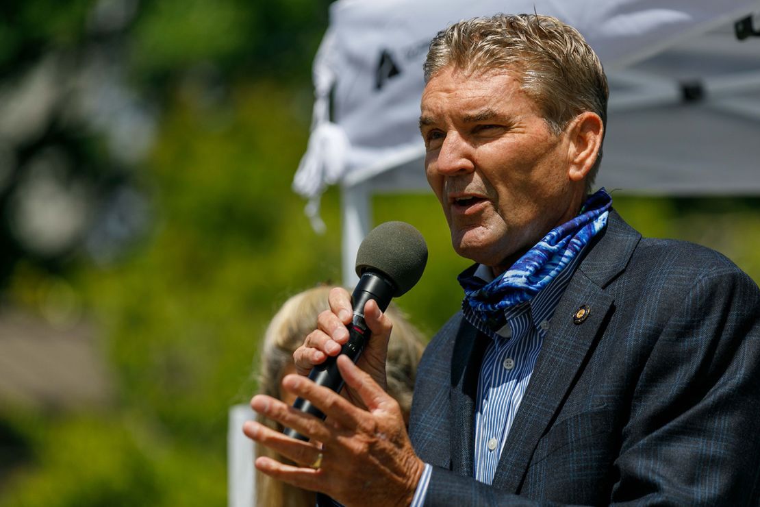 Oregon state Sen. Dennis Linthicum speaks near the Oregon State Capitol in Salem, Oregon, on June 9, 2021.