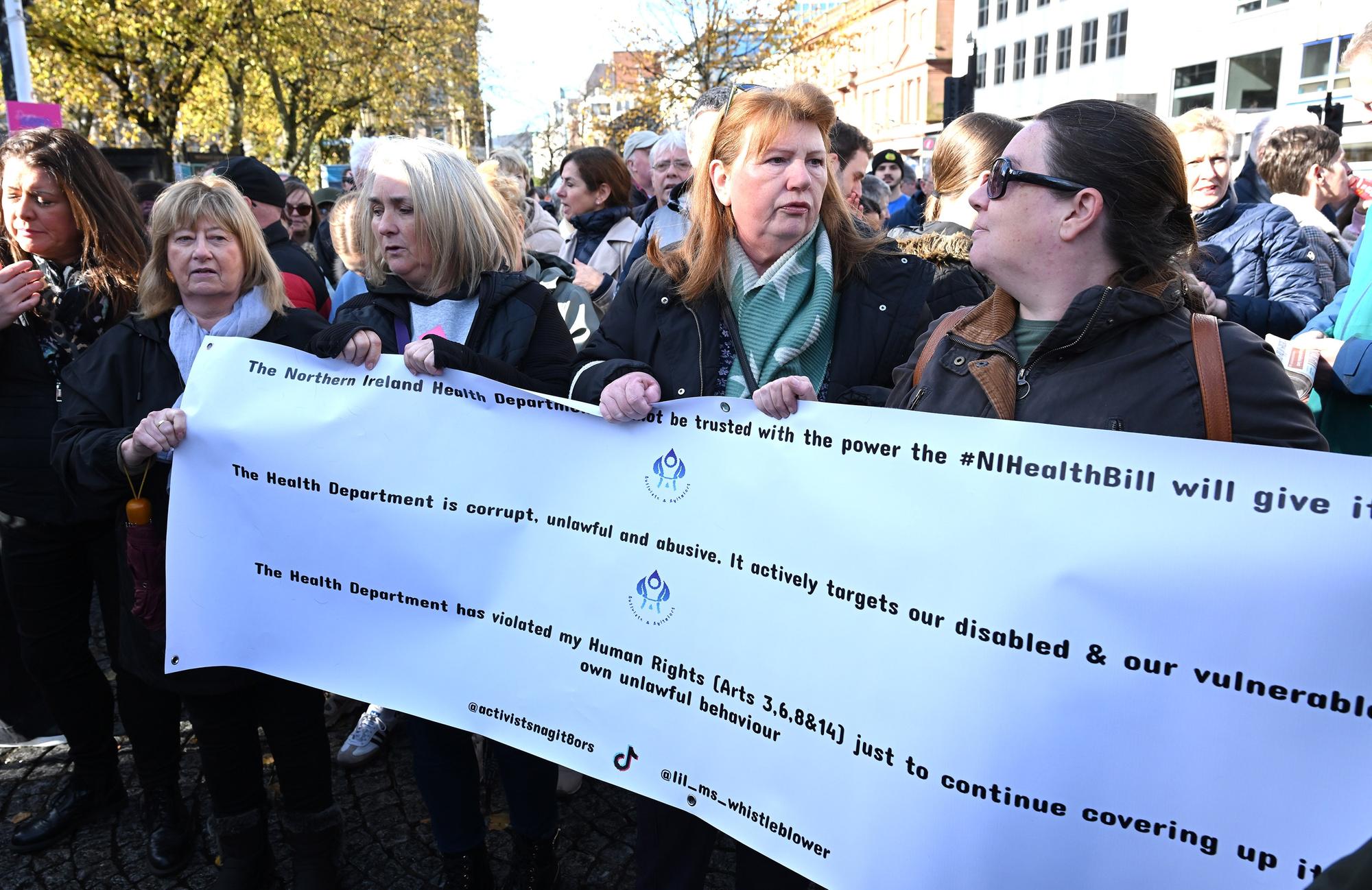 Protestors pictured at Belfast City Hall against the NI Public Health Bill. .