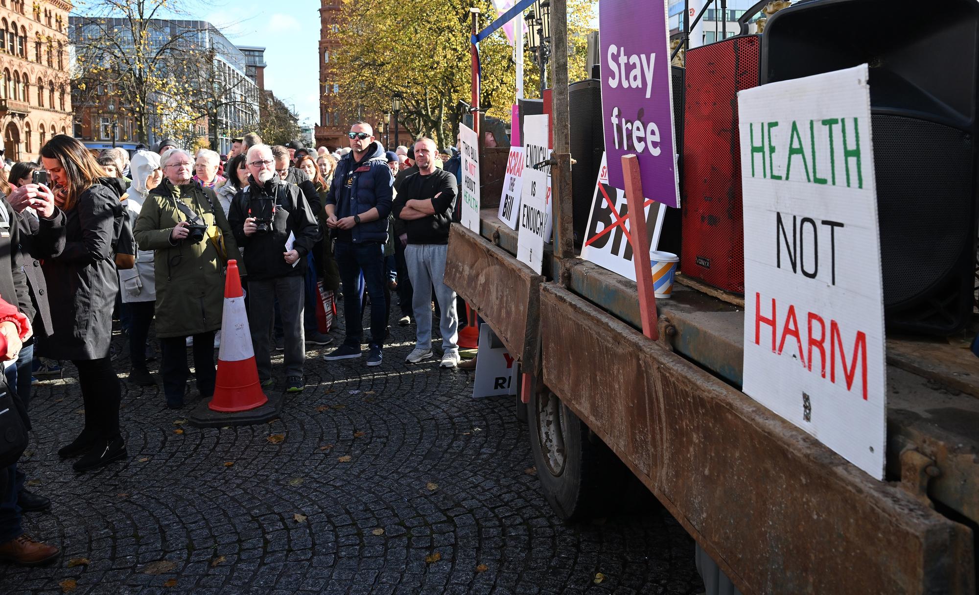 Protestors pictured at Belfast City Hall against the NI Public Health Bill. .