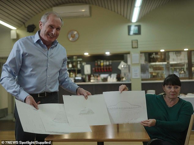 Terry Peck, who was a student at Westall, shows former 60 Minutes investigative reporter Ross Coulthart a series of drawings of what she saw hovering above her school in April 1966