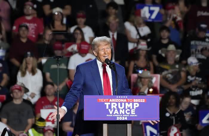 Former President Donald Trump speaks during a campaign rally at Mullett Arena at ASU in Tempe on Oct. 24, 2024.