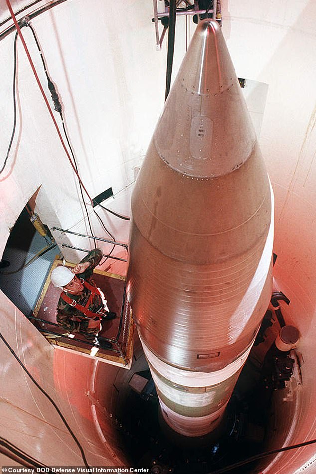 'No equipment was fried. Nothing was damaged,' Capt Salas told Rep Mace. 'It was simply intermittent electrical pulse that was delivered to a particular part of the guidance system.' Above an ICBM nuclear missile at Malmstrom AFB which is home to the 341st Missile Wing