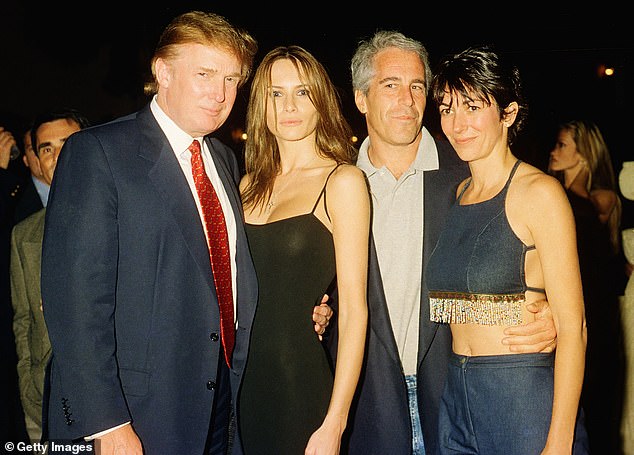 Trump with Melania, Epstein, and the billionaire sex offender's right-hand women Ghislaine Maxwell at Mar-a-Lago club on February 12, 2000