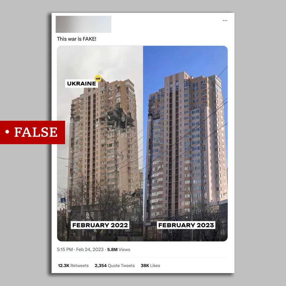 Twitter Photos of a Kyiv tower block after it had been hit by a Russian missile, and another after it had been repaired