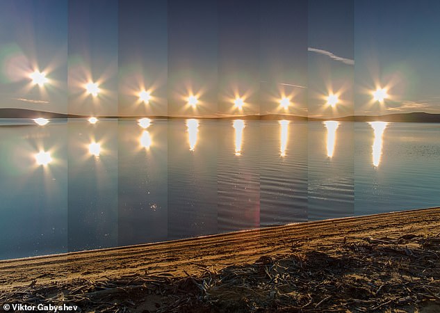 During the southern hemisphere's and northern hemisphere's summer, the sun remains visible all day, including at midnight - a phenomenon dubbed 'the midnight sun'. Pictured, multiple exposure of midnight sun on Lake Ozhogino in Yakutia, Russia