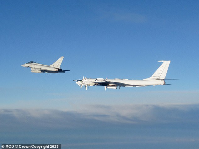 Two Typhoons from RAF Lossiemouth in Scotland followed the Russian Tupolev-142 (a Typhoon is seen flanking a Bear-F in August 2023)