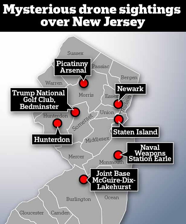 Monmouth County is home to the Naval Weapons Station Earle, a navy base. Experts have mused that foreign powers could be targeting areas like this which harbor intelligence and weapons bases. (Pictured: points of interest in NJ where drones have been seen overhead)