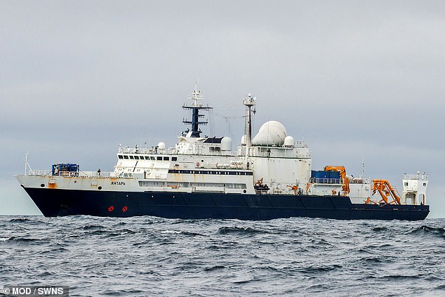 PIctured is the Russian 'spy ship' Yantar in January 2018 when it was shadowed by Royal Navy destroyer, HMS Diamond. The vessel was seen again last month in the Irish Sea