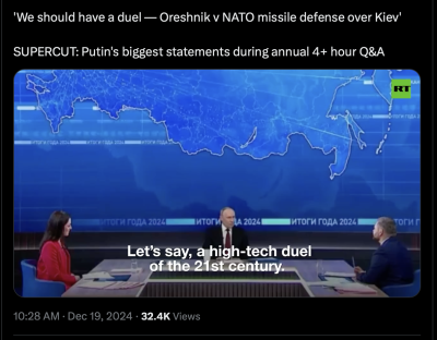 Putin Points to Failures of NATO SAM/ABM. Nearly 100 Missiles and Drones Fired against Rostov Region. Retaliation Using Oreshnik?