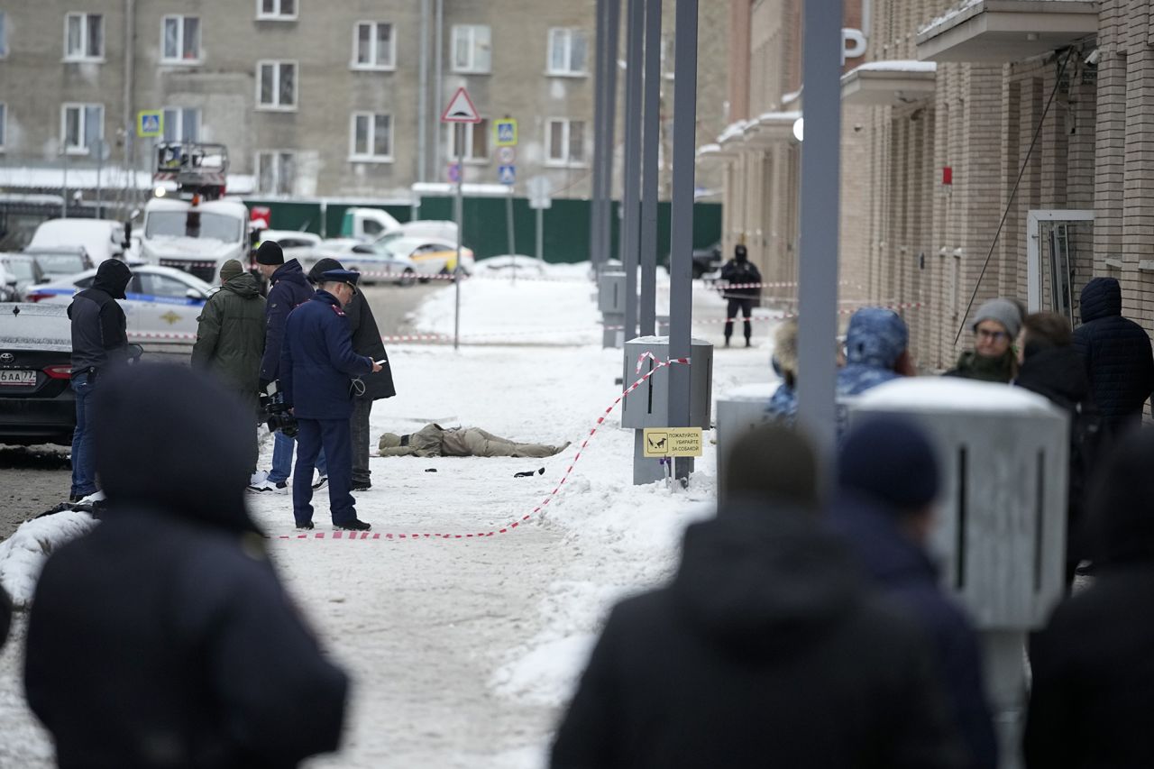 Investigators work at the site where Lt. Gen. Igor Kirillov, the head of Russia's radiological, biological and chemical protections forces, was killed by an explosive device in Moscow on Tuesday.